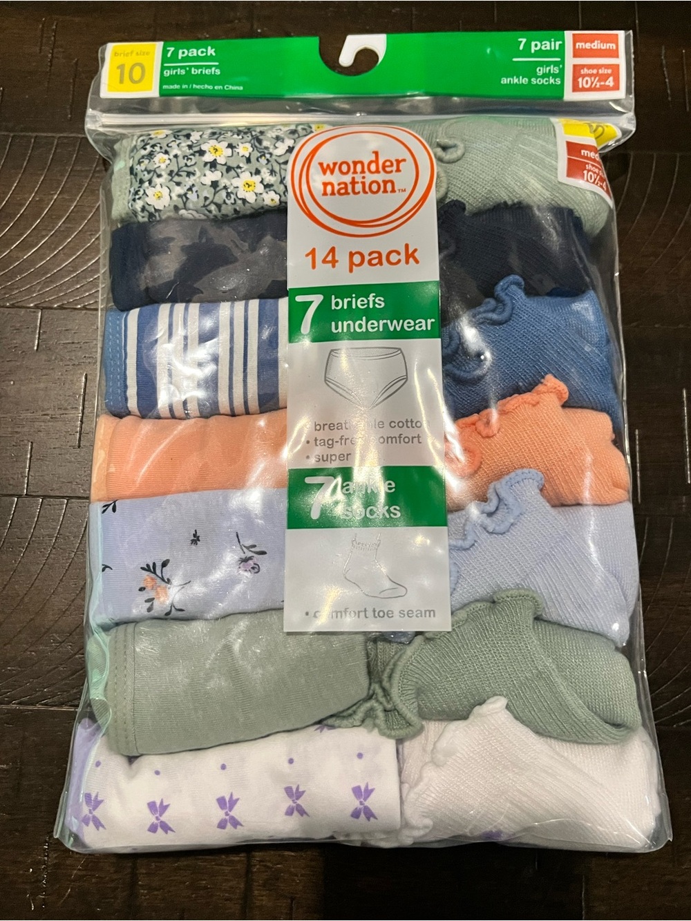 Girl’s 14 Pk Panties Underwear and Socks Wonder Nation Size 10 new